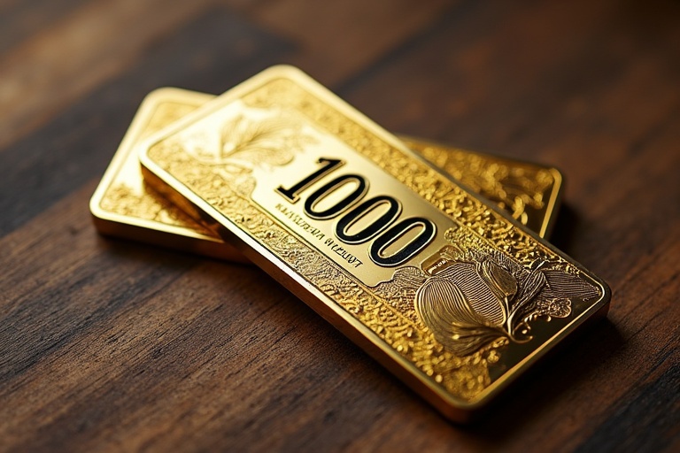 Gold bank card displays the number 1000 in rubles. The card is set on a wooden surface. Soft warm lighting enhances the gold color.