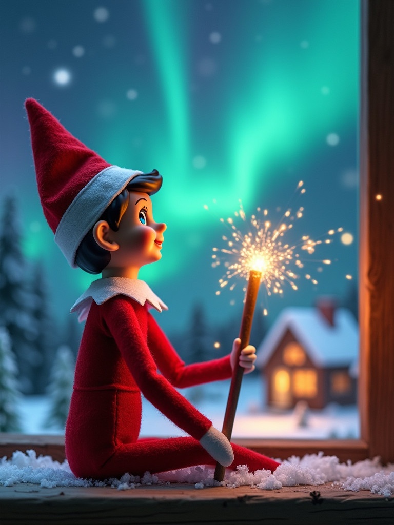 An elf on the shelf sits quietly. The elf holds a glowing wand. Colorful northern lights are visible in the night sky. A cozy house is in the background. Snow covers the ground. The elf represents the magic of Christmas with the name 'Josh, Enzo & Laila' in the air from the wand.