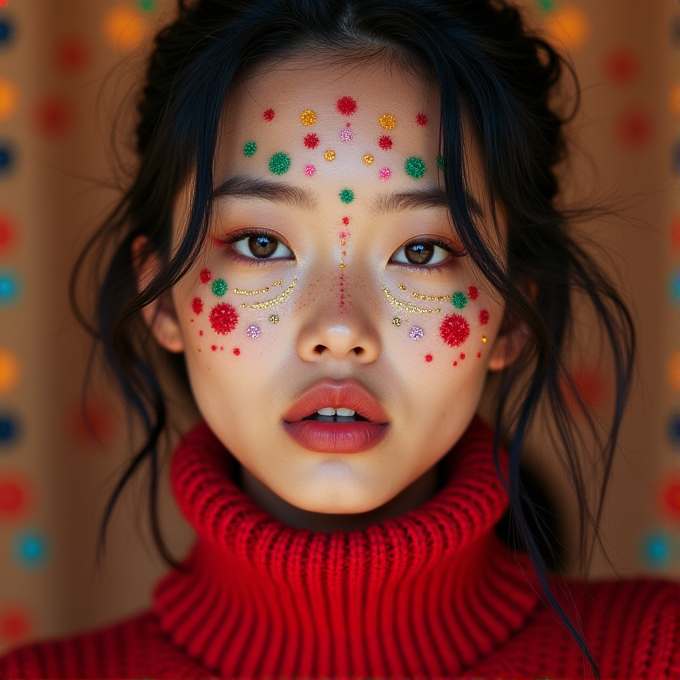 A woman in a red turtleneck is adorned with colorful dotted face art against a blurred, dotted background.