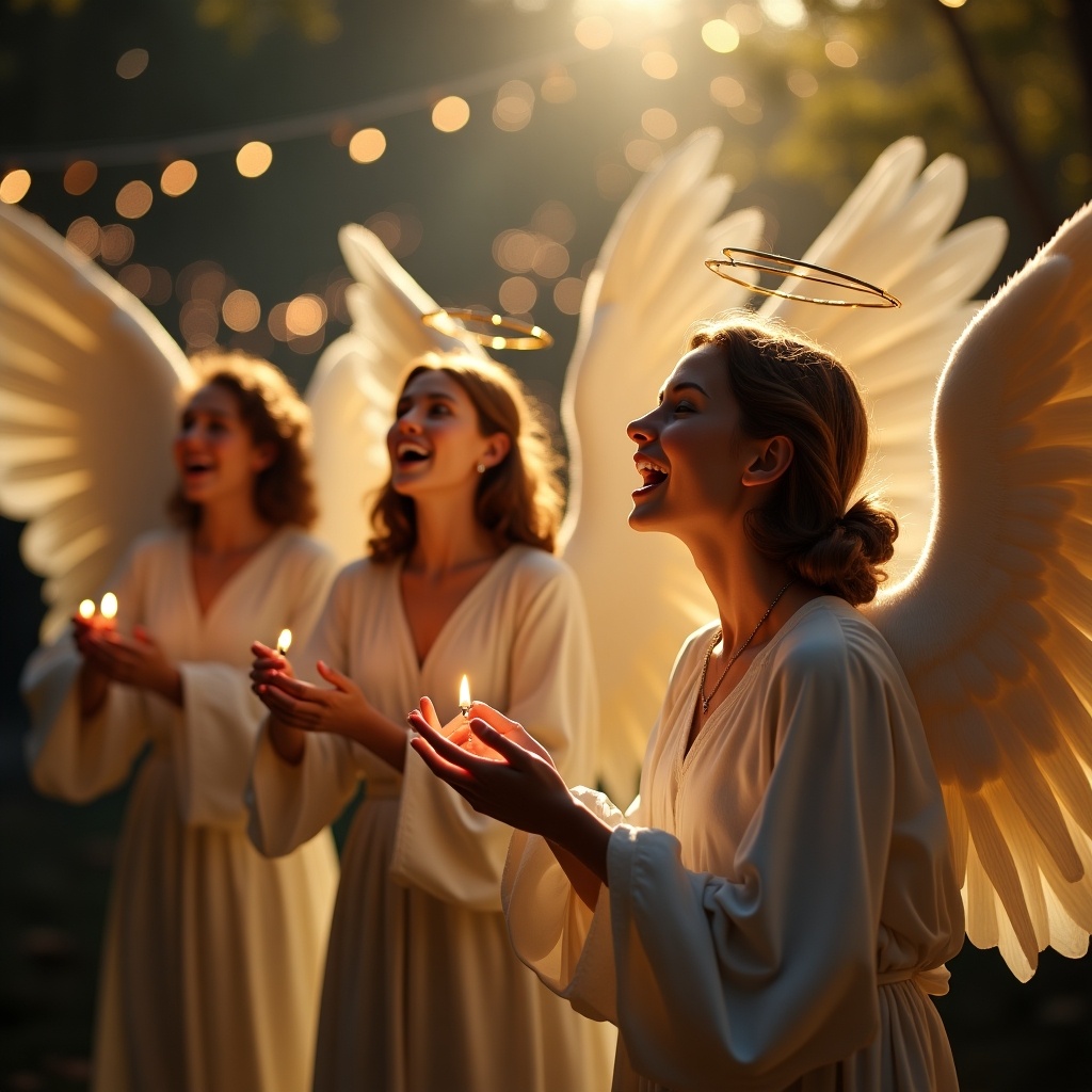 This image showcases three angels joyfully singing on Christmas Day. Each angel has detailed and lifelike features, expressed through their smiles and glowing presence. They are dressed in flowing white robes, reminiscent of traditional angel attire. Their large, feathery wings are spread wide, enhancing the heavenly atmosphere. The background is softly illuminated by warm lights, creating a magical, festive scene.