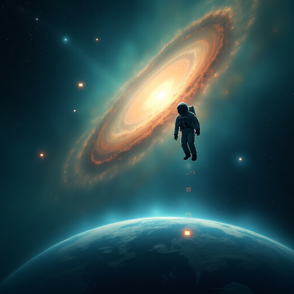 The image depicts a somewhat distant astronaut floating in the vastness of space, with a breathtaking galaxy visible in the background. The scene captures the beauty and mystery of the universe, showcasing vibrant colors like teal and orange. Small squares drift away from the astronaut, adding an element of intrigue. Earth is visible below, creating a striking contrast with the cosmic backdrop. This image inspires thoughts of adventure and exploration beyond our planet.