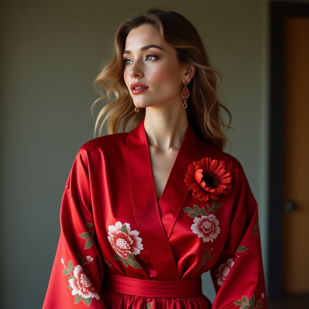 A woman in a red robe with floral designs stands gracefully adorned with a large red flower pinned to her outfit.