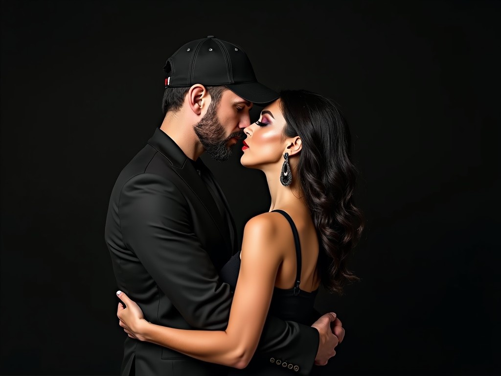 This image features a couple deeply engaged in a romantic embrace. Their faces are almost touching, capturing an intimate moment. The woman has long dark hair styled beautifully, complemented by striking makeup that emphasizes her features. The man, sporting a baseball cap, has a rugged yet sophisticated look in his black suit. Their elegant black attire enhances the dramatic atmosphere, making the moment feel both passionate and refined.