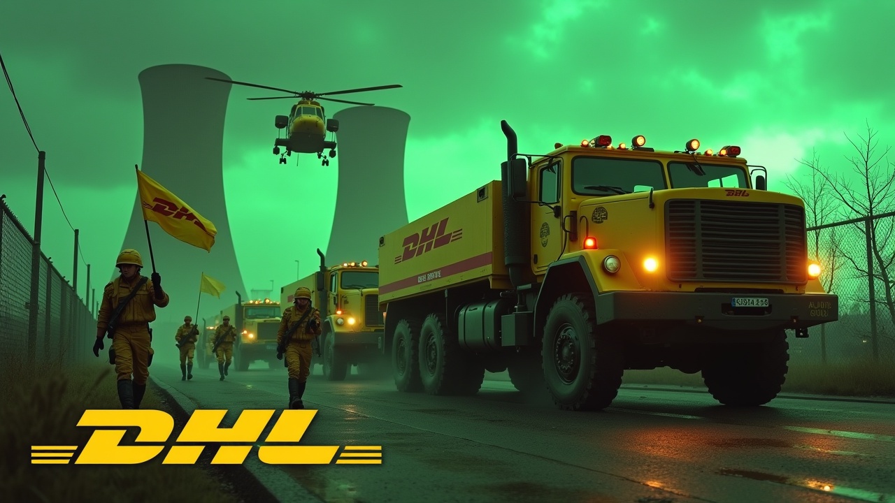 In a dramatic scene, several large yellow armoured trucks, equipped with double-barrel roof mounted cannons, are driving up to a fence. The sides of the trucks clearly show the DHL logo. Nearby, several soldiers wearing yellow uniforms and holding rifles are seen marching together in unison. One soldier is holding a large flag with the DHL logo clearly visible. In the background, we can see the prominent smokestacks of a nuclear power plant, glowing green. The sky is awash with an evil green glow, and a large yellow Chinook CH-47 cargo helicopter flies above, adding to the intensity of the scene. At the bottom, we see the DHL logo, displayed in bold, yellow text.