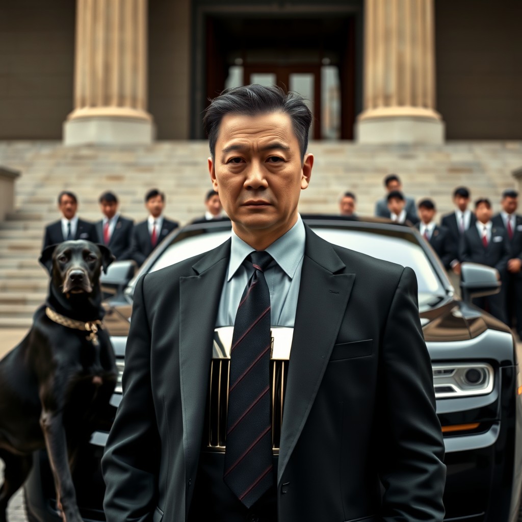 A stern, suited man stands confidently alongside an imposing black dog in front of a gathering of similarly dressed men and a sleek car.