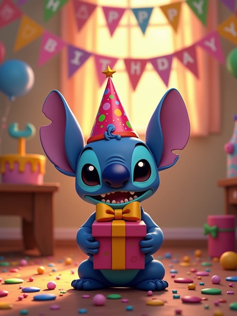 A party scene featuring Stitch from Disney. Stitch holds a colorful present. Birthday decorations are visible. Banners say happy birthday Jessica. The room is filled with balloons and confetti.