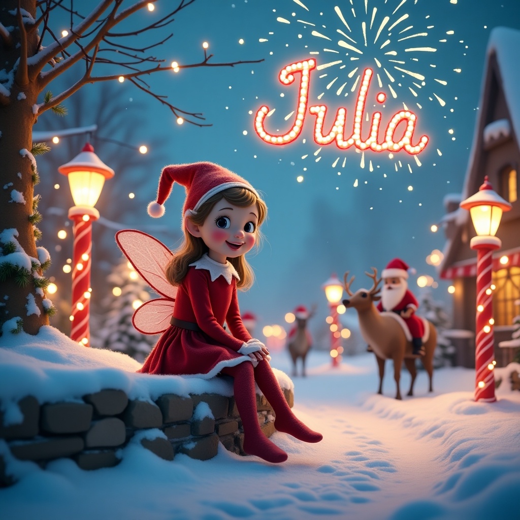 A girl fairy elf sits cheerfully in a winter wonderland. Snow covers the ground with twinkling lights around. Fireworks spell her name in vibrant colors. Candy cane street lamps line the path. Santa's workshop and reindeer create a joyful background. The scene embodies the spirit of Christmas.