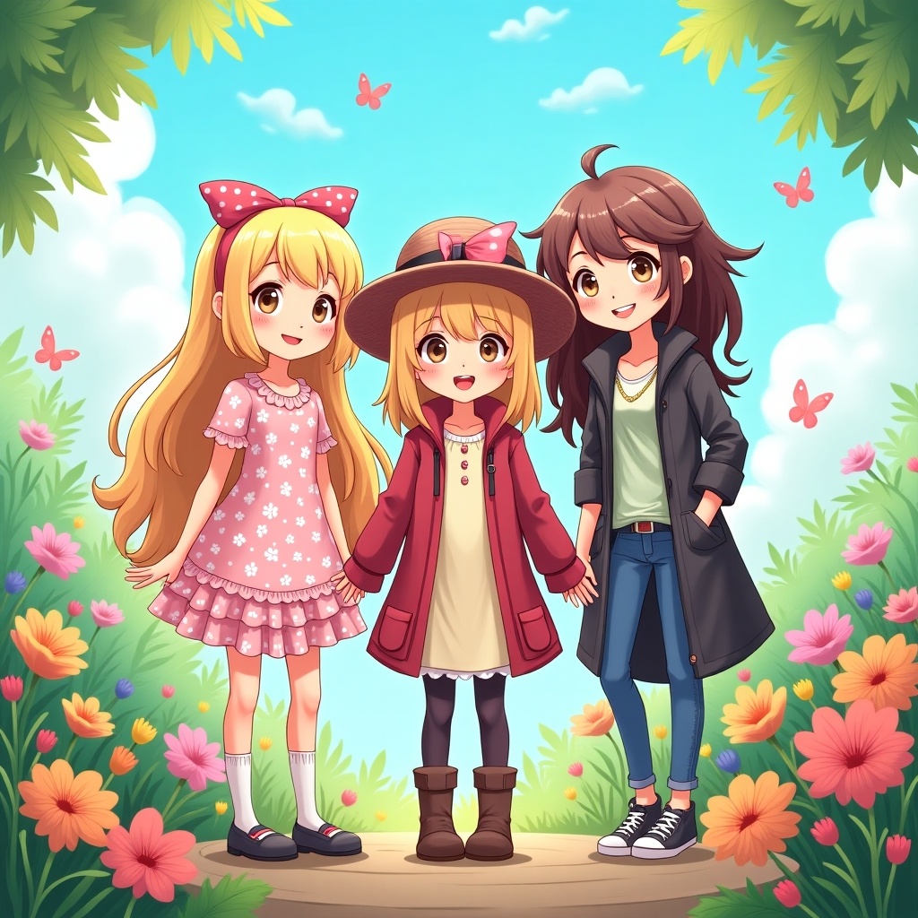 Three adorable anime-style girls stand together in a vibrant, flower-filled scene. Each girl showcases her unique fashion style, from a pink polka-dot dress to a cozy beige outfit. The background features bright butterflies and lush greenery, creating a joyful atmosphere. They are smiling and holding hands, representing friendship and youthful spirit. The art is colorful and cheerful, aimed at a young audience.