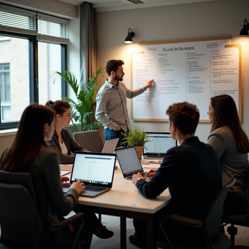 A group of people work together in an office while one writes on a whiteboard.