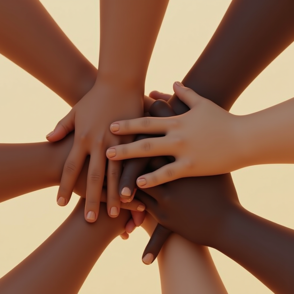 Hands of different skin tones coming together in a symbol of unity and solidarity.