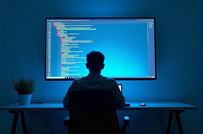 A silhouette of a person coding in front of a large screen displaying colorful code.