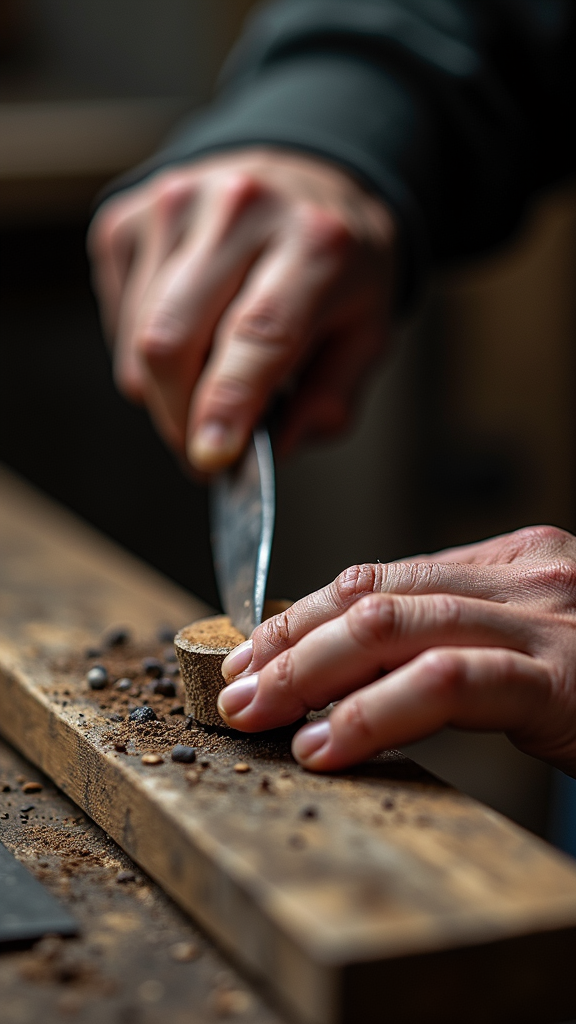 Hands of a person meticulously carving a wooden piece on a workbench with scattered wood chips.