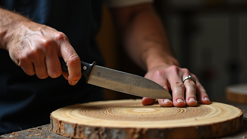 A person gently scores the surface of a wooden slice with a knife.