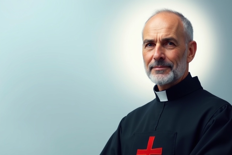 Modern digital artwork of Saint Camillus de Lellis in close-up portrait. Calm and professional color palette with white light blue and soft gray tones. Black cassock with red cross surrounded by subtle glow of light. Focused and caring expression symbolizing dedication to hospital care. Background is blend of soft blue and white evoking healing and medical service. Saint Camillus positioned on right side of image leaving large negative space on left for text placement.