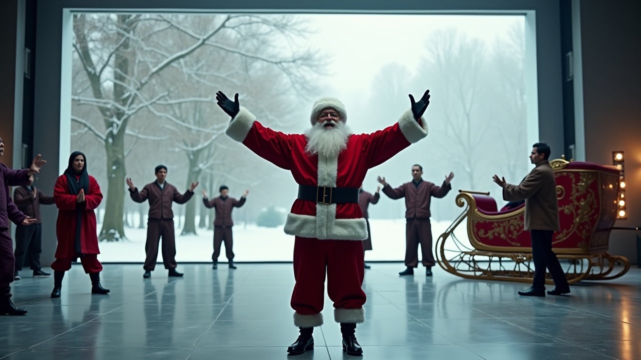 Cinematic image features Santa Claus celebrating with open arms. Diverse people practicing tai chi in different styles surround him. Snowy woods are visible through large openings. A sleigh is parked nearby. Wide shot shows Santa amidst a festive scene.