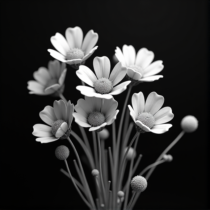 A bouquet of daisies, rendered in high-contrast black and white, stands out against a dark background.