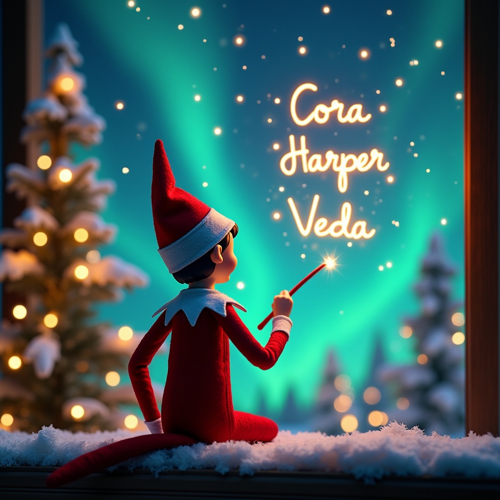 An enchanting Christmas scene featuring an elf on the shelf. The elf is dressed in traditional red and white colors. He is facing the sky, with his back to us, holding a magic wand. With this wand, he is writing the names 'Cora', 'Harper', and 'Veda' in a glowing script in the air. The background is filled with vibrant northern lights that create a magical ambiance. There are festive decorations in the scene, portraying the spirit of Christmas with whimsy and charm. The overall atmosphere evokes a sense of wonder and excitement for the holiday season.