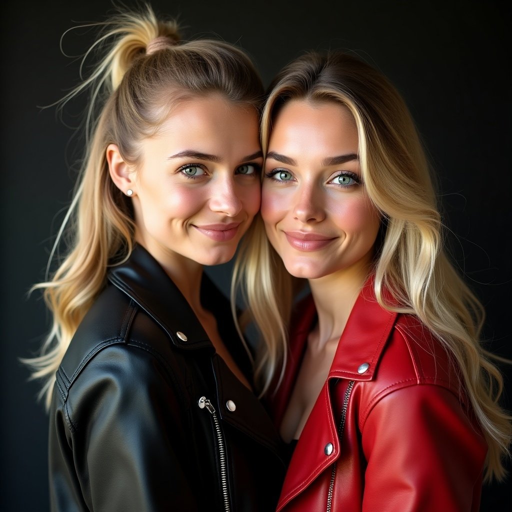 Ultra detailed photo of two beautiful blonde models in a photo studio. First model wears a black leather jacket and has deep green eyes with long messy blonde hair. She places her hand on the second model's shoulder. The second model has blue eyes and wavy blonde hair with a red leather jacket.