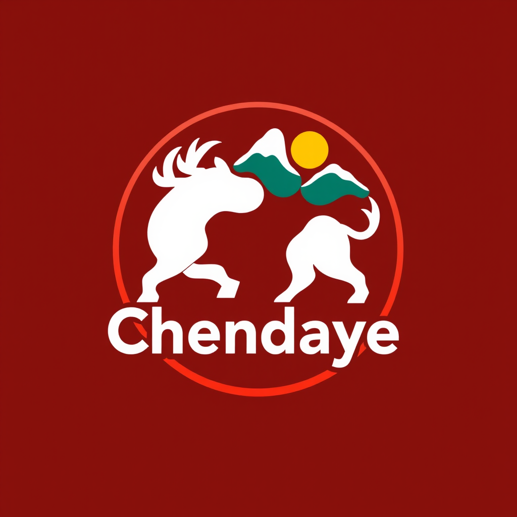 Two white animal silhouettes dance under a mountain and sun, with 'Chendaye' written below.