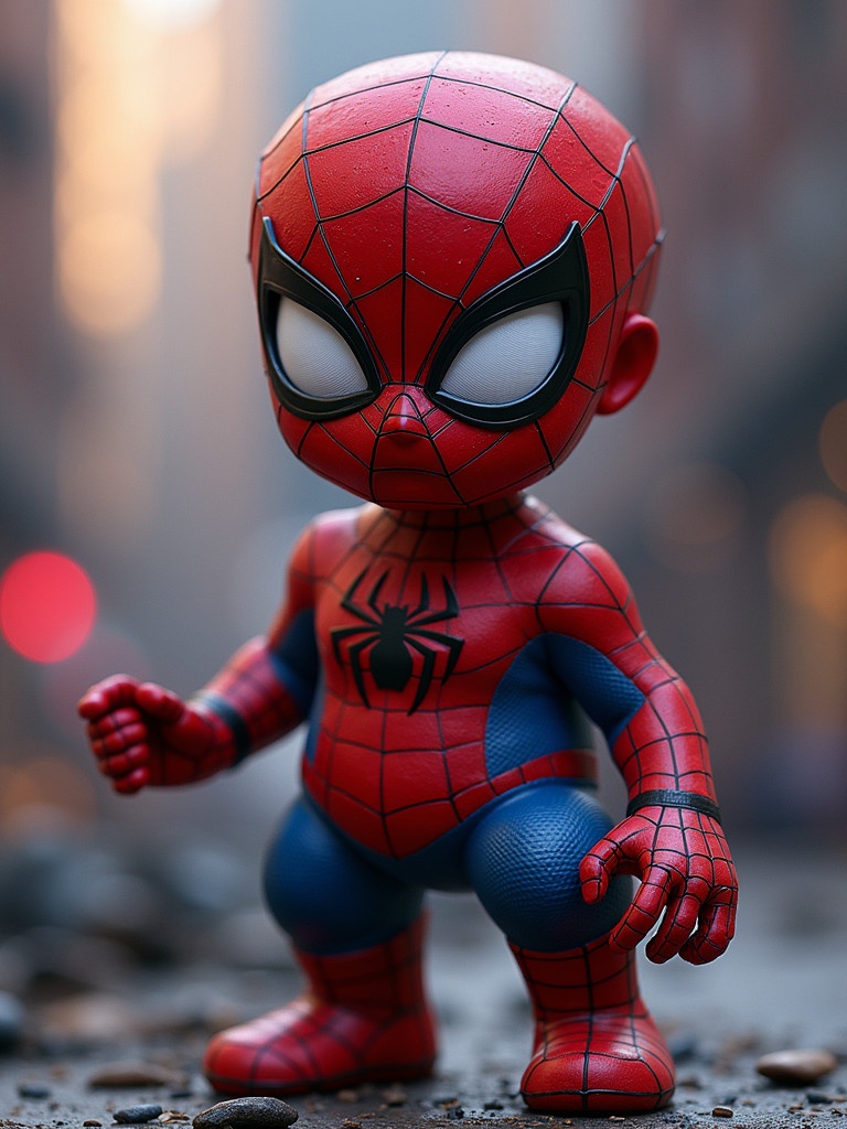 A Spider-Man figurine stands in an urban alley. The figure is designed for children. The setting is well-lit and colorful. The background has blurred lights. It is meant for a birthday celebration.