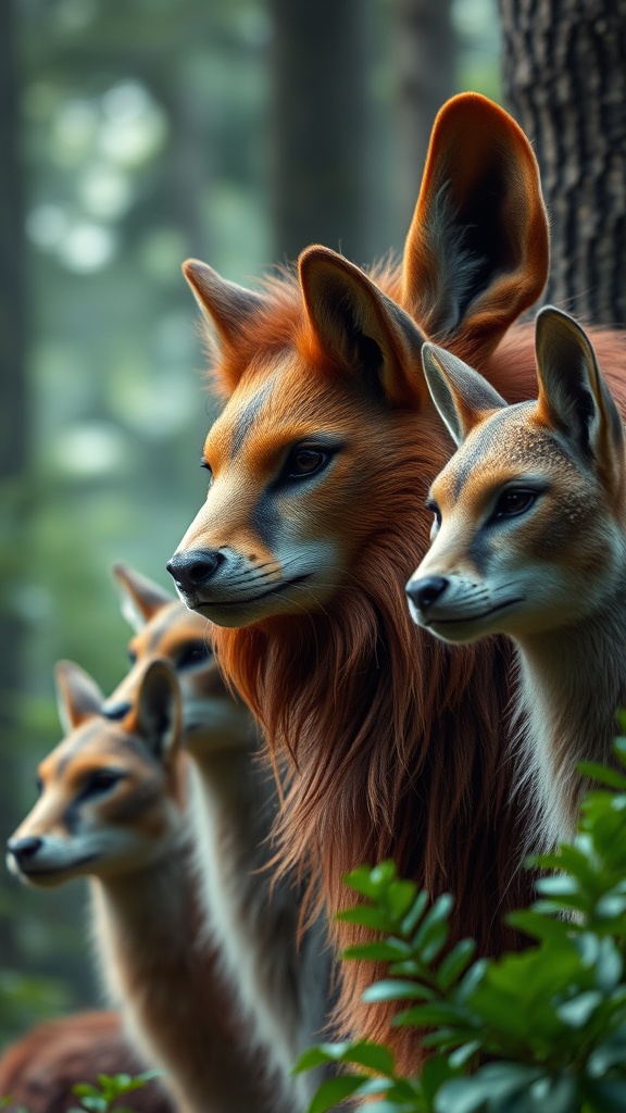 This illustration depicts a group of fantastical creatures resembling a blend of foxes and wolves with elongated ears and rich, mane-like fur. They stand alert in a lush forest setting, surrounded by soft, green foliage. The image conveys a sense of vigilance and mystical beauty, capturing the viewer's imagination with the creatures' lifelike gaze and harmonious integration into their natural surroundings.