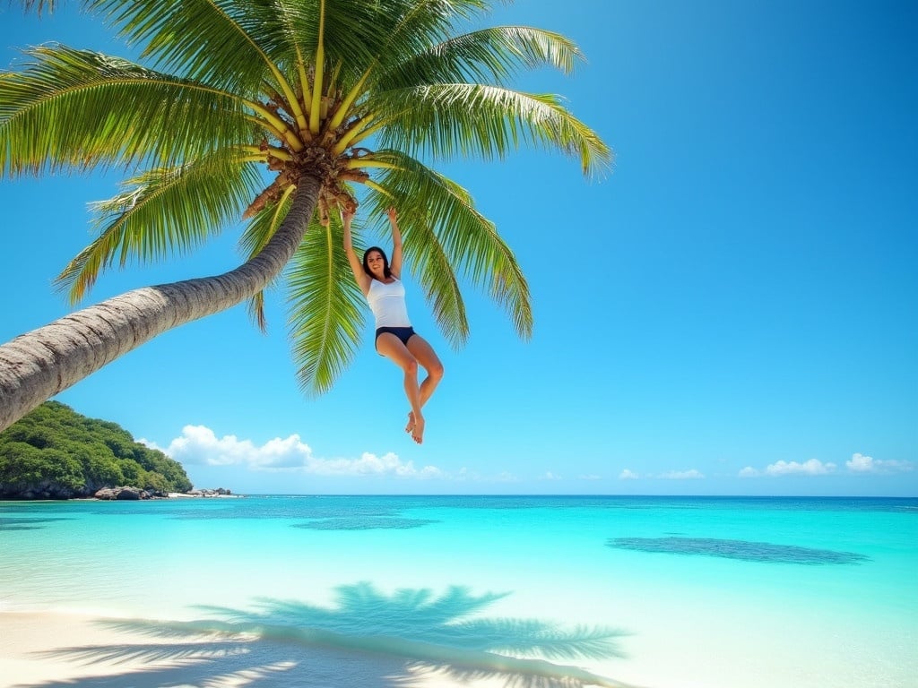 A person dangles from a curved palm tree over a clear turquoise ocean. The bright blue sky has no clouds. The palm tree has lush green fronds. The setting is tropical and peaceful, ideal for a beach getaway. The scene captures relaxation and tranquility with a stunning coastal view.