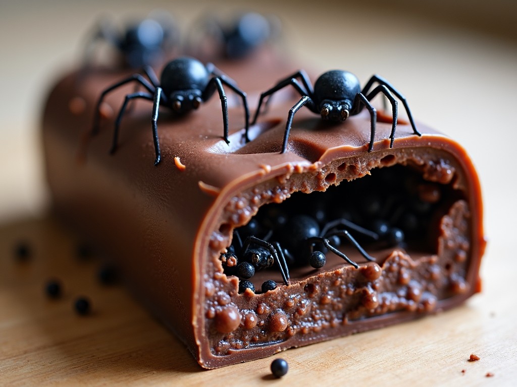 This image features a tantalizing yet unsettling scene where realistic spider figures are scattered over a bar of chocolate. The chocolate bar appears partially bitten, revealing a textured interior filled with more spider replicas. The contrast between the smooth, inviting chocolate and the unsettling presence of the spiders creates a striking visual juxtaposition.