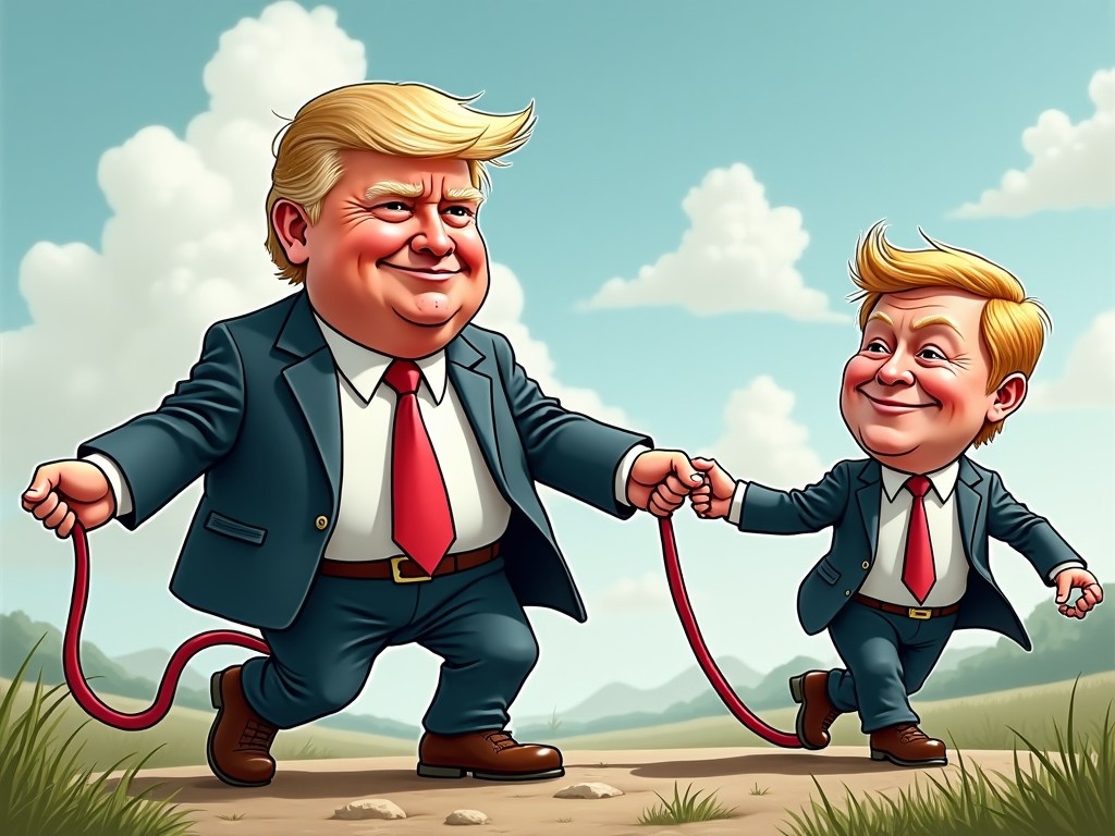 The artwork features three prominent figures in a playful and exaggerated style. At the center stands Putin, confidently holding a leash. Attached to the leash are Donald Trump and Elon Musk, both depicted as caricatures with whimsical expressions. The scene is set against a sunny background with rolling hills, emphasizing a light-hearted tone. This cartoonish portrayal suggests themes of power dynamics and humor in politics, inviting viewers to reflect on the relationships between these influential personalities.