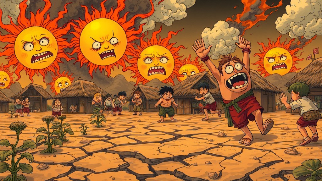 A whimsical scene with multiple animated angry sun faces hovering above a dry village as people react in panic.