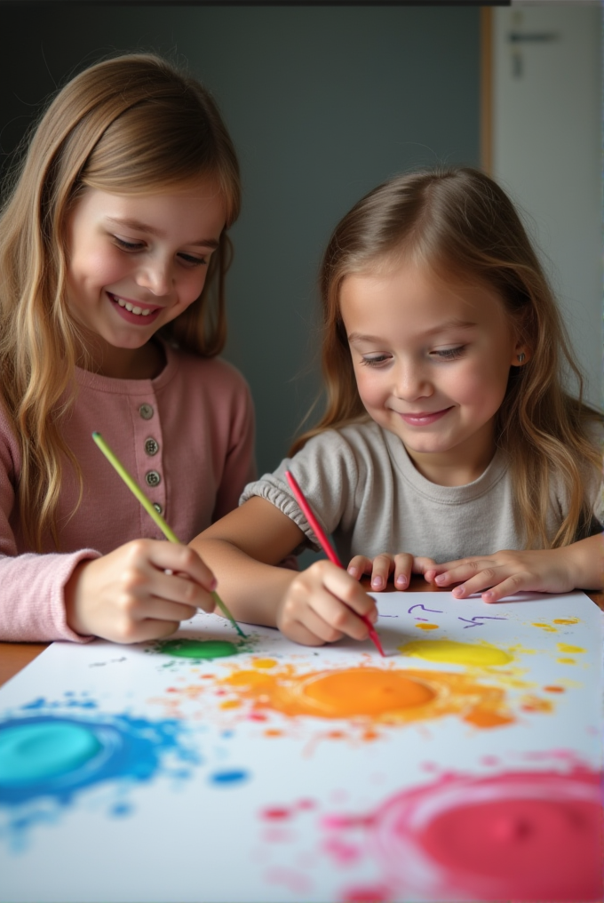 Two children joyfully paint with vibrant colors on a white surface, using a variety of brushes.