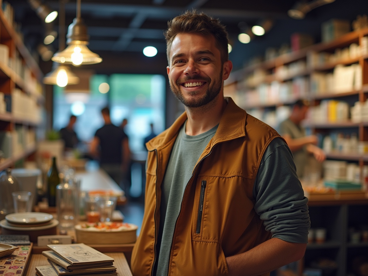 A cheerful man stands in a retail store, smiling warmly at the camera. He wears a brown vest over a light blue shirt, presenting a casual and approachable appearance. Behind him, shelves are filled with various products, creating a cozy atmosphere. The store is lively with other shoppers and soft lighting, enhancing the welcoming feel. This image conveys a sense of community and satisfaction in a retail environment.