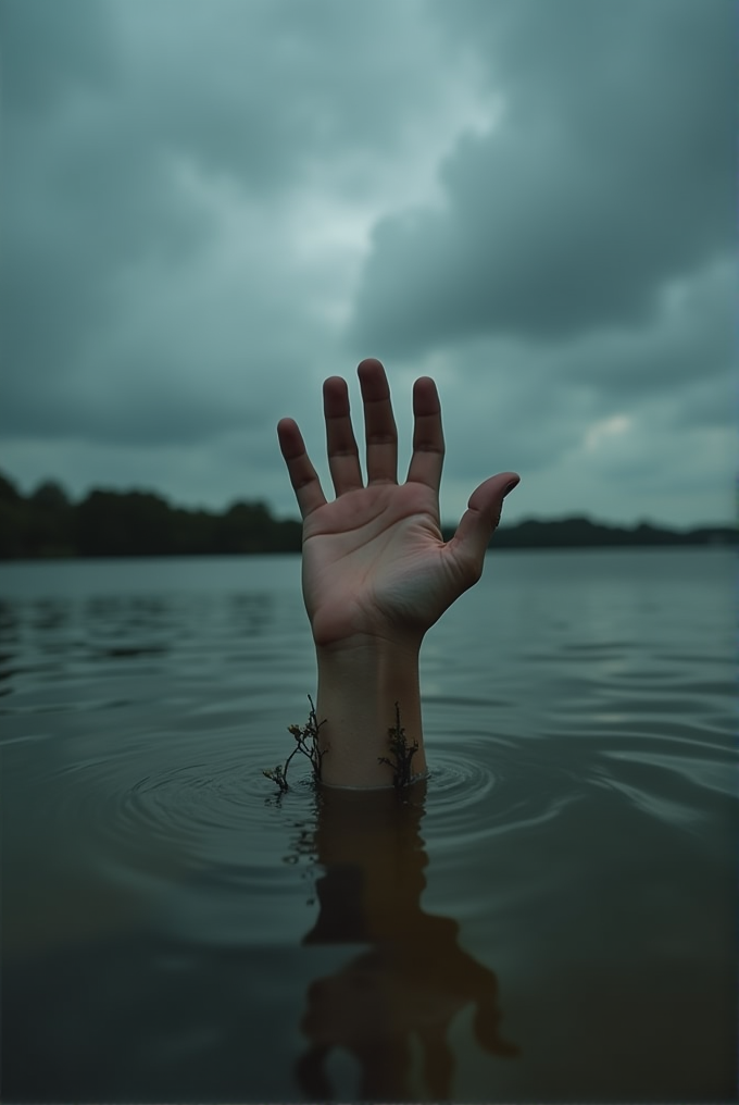 A hand emerging from dark water under a moody, overcast sky.