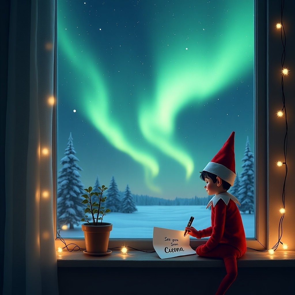 The image features an elf on the shelf sitting on a cozy windowsill. The elf is intently writing a note. Outside the window, the northern lights create a magical display in the night sky. Surrounding the elf are soft fairy lights, adding warmth to the scene. There is a plant in a pot next to the elf, enhancing the cozy atmosphere. The note the elf is writing reads 'See you soon, Cienna.' This whimsical scene captures the spirit of the holiday season beautifully.