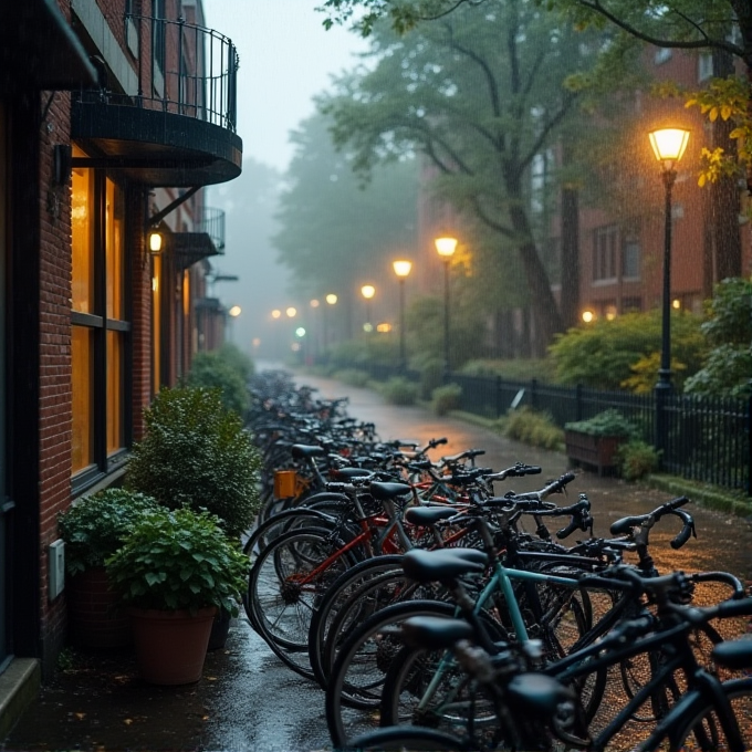 A row of bicycles is parked along a rain-soaked street under glowing streetlamps and lush trees on a misty evening.