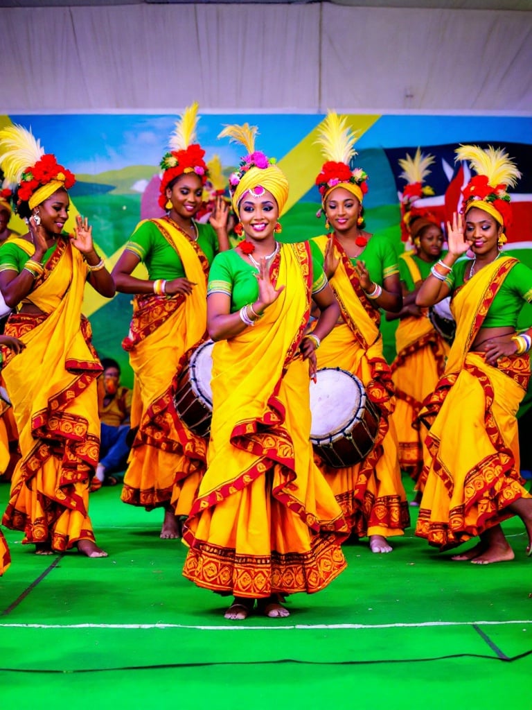 A vibrant photograph captures a traditional Indian dance performance on stage. Eight women performers are in a synchronized formation. The dancers wear skirts with intricate patterns and green short-sleeved blouses. They have elaborate headdresses with flowers and feathers. Some hold drums while others use rattles. The stage has a green carpet and a mural-like wall with a Kenyan flag. The lighting is colorful, emphasizing the performers' movements. The image focuses on their traditional attire and cultural heritage.