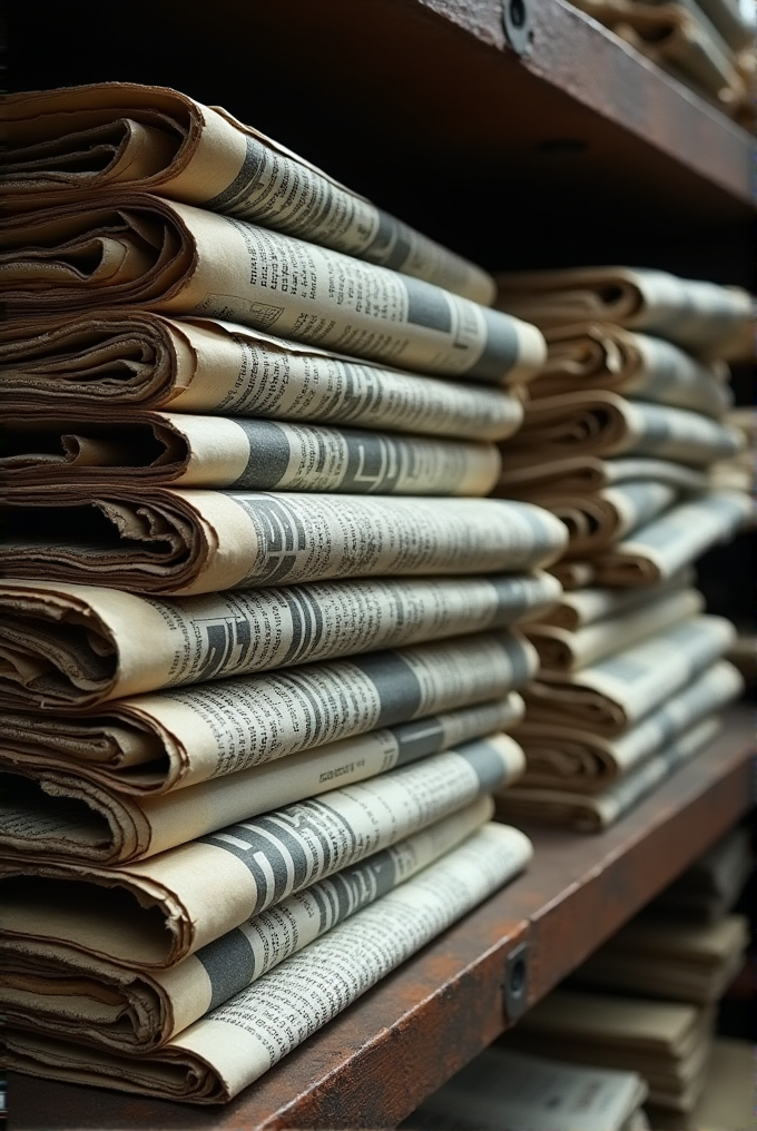 Rows of neatly folded newspapers are stacked on wooden shelves.