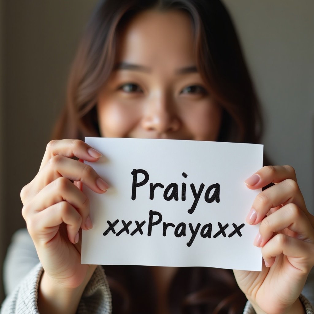 Selfie perspective of an Asian woman holding a piece of paper. The paper has a handwritten message that reads 'Praiya xxPrayaxx'. The woman's facial expression is not visible. Hands are prominently featured. The setting is softly lit, giving a warm atmosphere.