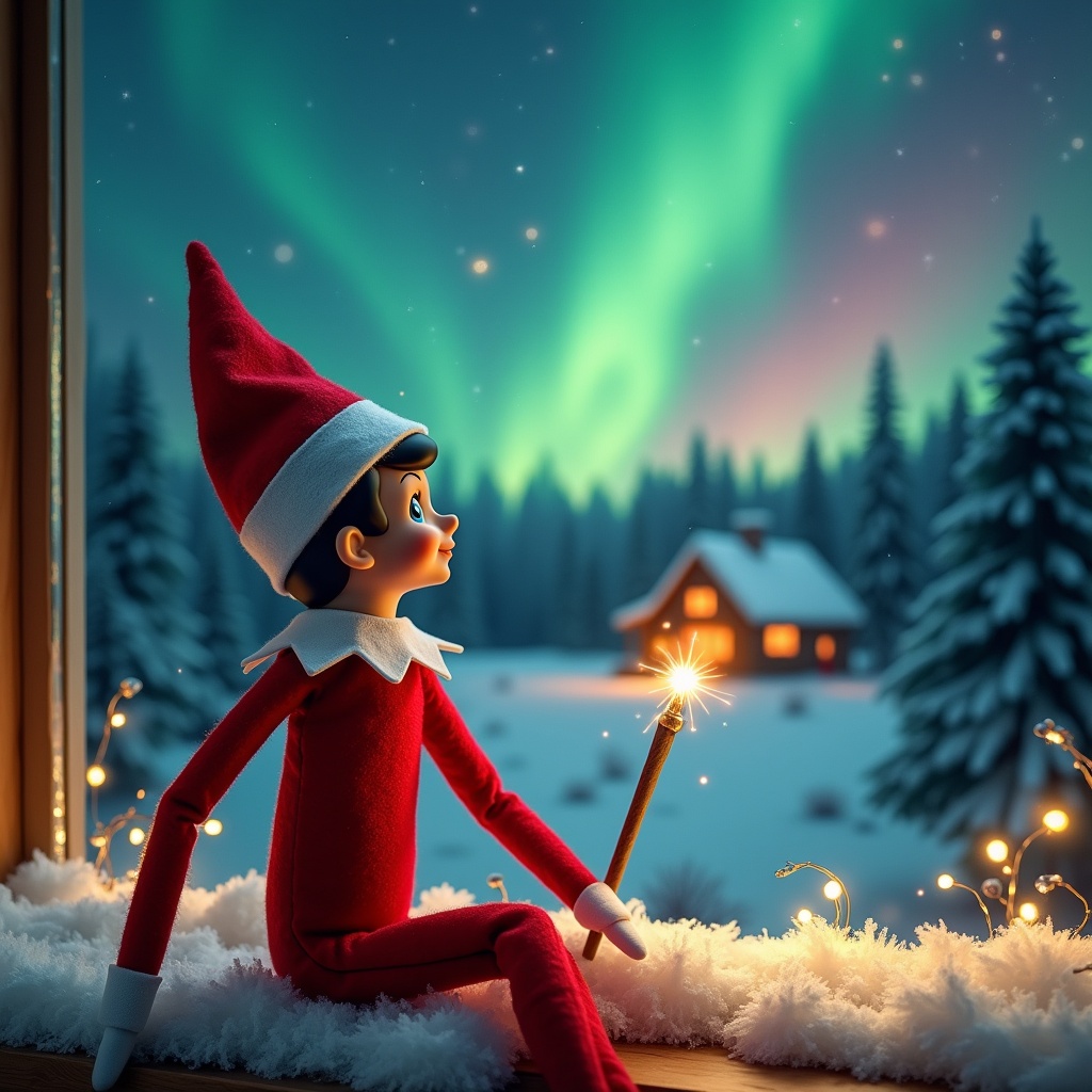 Elf on a shelf gazes up while holding a glowing wand. Colorful northern lights illuminate the sky. A cozy house is visible in the background with snow on the ground. The elf symbolizes the magic of Christmas.