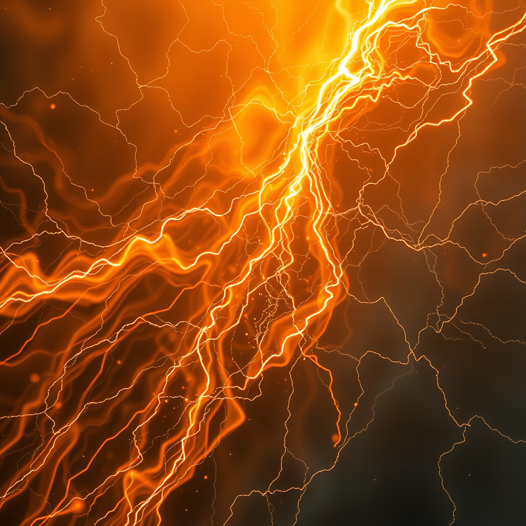 A stunning display of vibrant, orange electric bolts surging through a dark, smoky backdrop.