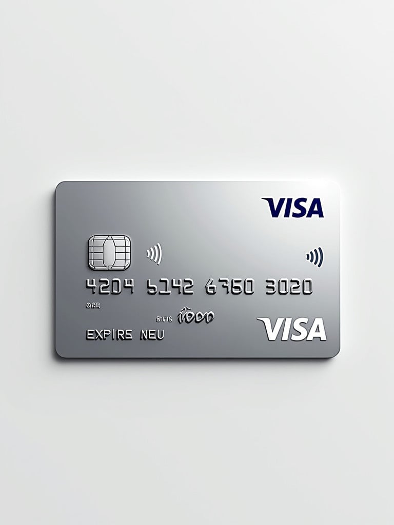 Realistic credit card design featuring the Visa logo. Card number and cardholder's name clearly visible. Expiry date displayed at the bottom. Silver background with bold black font. Clean and sleek appearance.