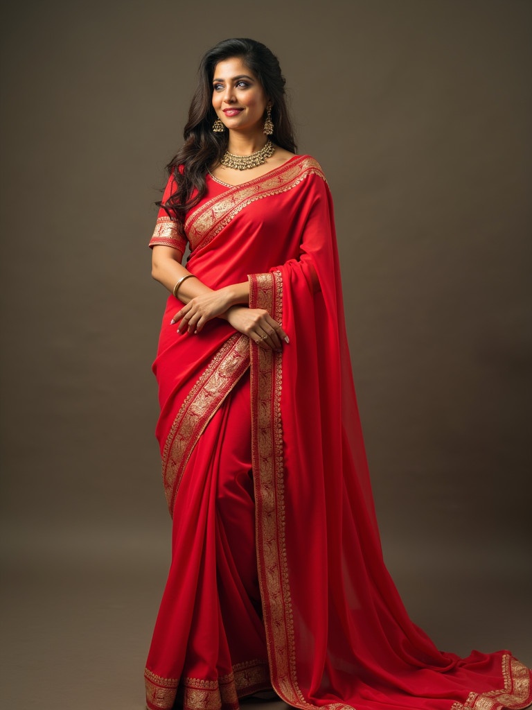 Woman wears a red saree with golden borders. The saree drapes elegantly. Accessories include jewelry. Brown background creates a soft contrast.