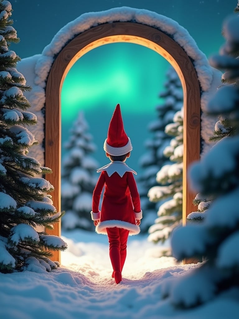 An elf doll dressed in red with white trim walks through an arched doorway. The background is a snowy landscape with pine trees. The scene is illuminated by shades of green and blue from the northern lights. The setting conveys a festive holiday feeling.