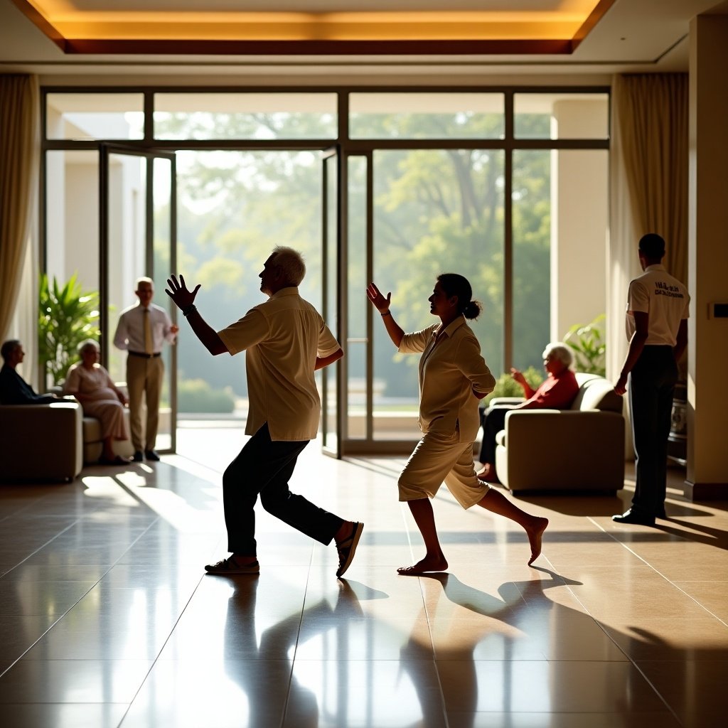 Modern interior of a luxury senior living facility. Warm sunlight highlights an elderly couple doing yoga with instructor. Spacious wellness area features Indian architectural elements. Large windows show a landscaped garden. Comfortable seating for socializing residents. Medical professional visible at care station. Senior-friendly design with anti-skid flooring and handrails. Natural lighting creates an inviting atmosphere. Antara logo subtly included.