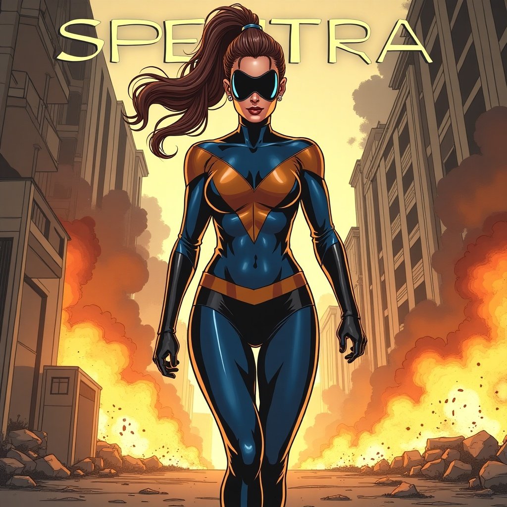 A comic book cover featuring a beautiful female superhero. She has brown hair in a ponytail, wearing a blue and brown superhero suit. The superhero is barefoot and stands confidently amid burning buildings and explosions. The title 'Spectra' is prominently displayed above her.