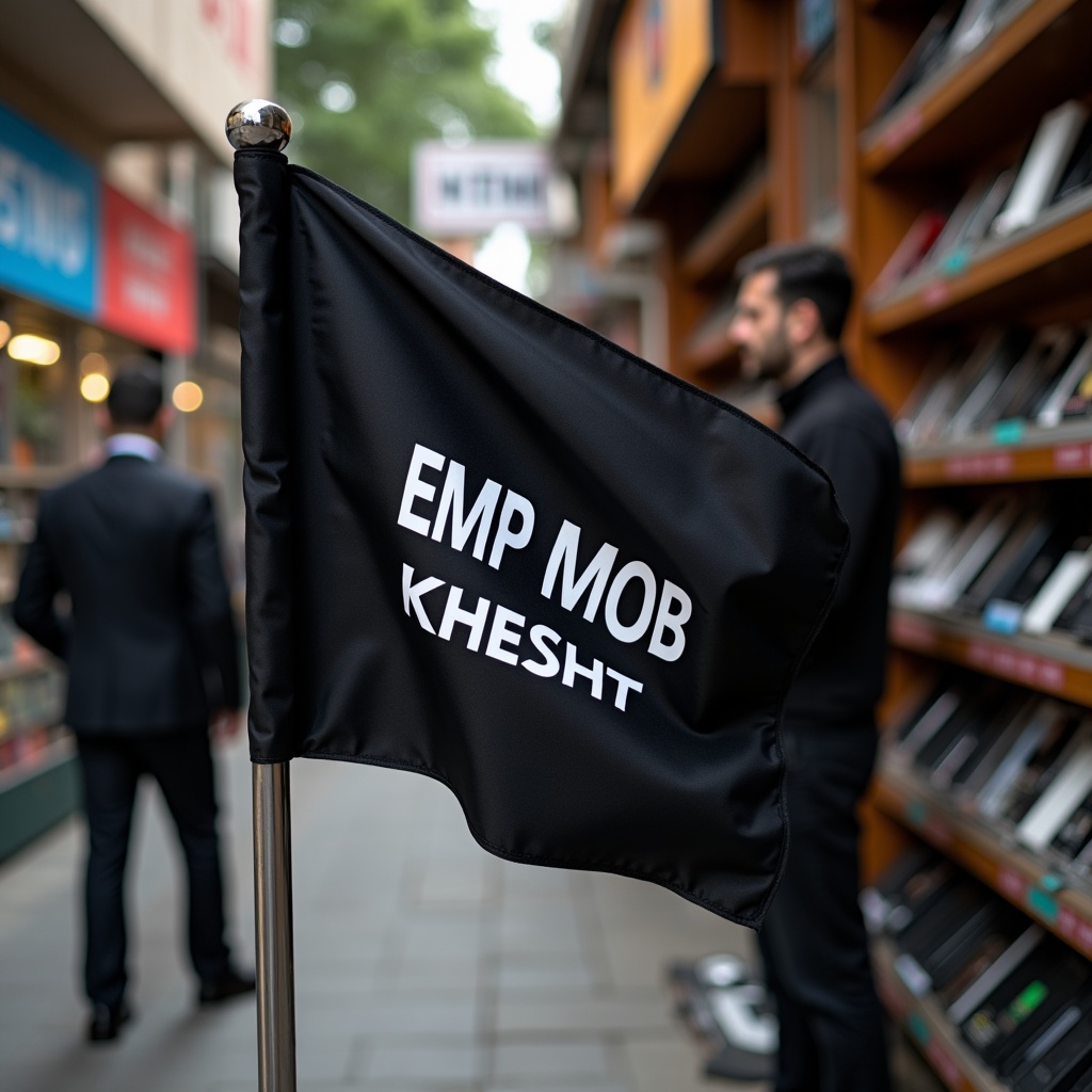 A black flag with the text 'EMP MOB KHESHT' stands on a sidewalk in front of a bookstore. Blurred figures of people in suits are in the background. The setting is urban, with colorful store signs and books displayed on shelves outside.