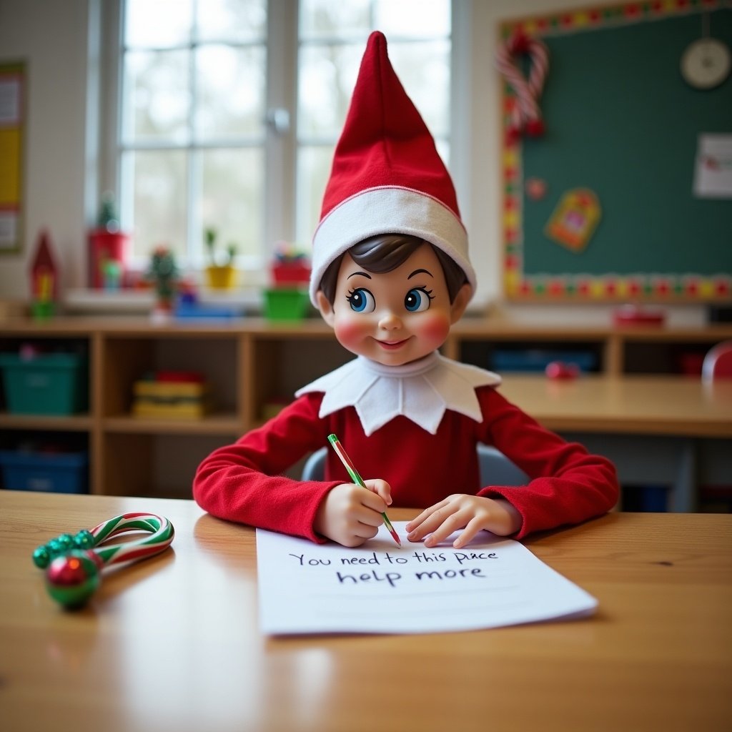 An elf sits at a wooden table in a classroom writing a note. The elf wears a red outfit and a pointed hat. The elf holds a candy cane. The note reads 'you need to go to this place more , help more '. Christmas baubles decorate the classroom. The scene radiates childhood magic and Christmas cheer.