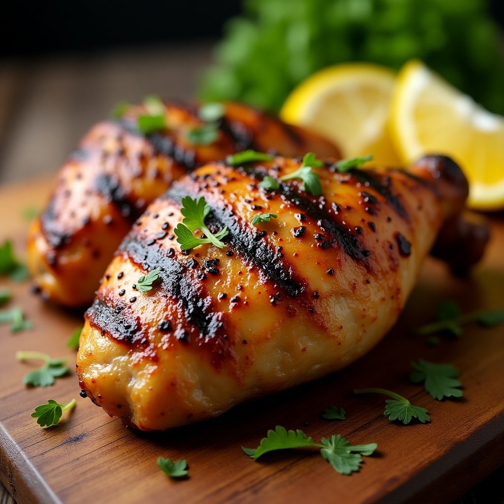 Grilled chicken served on a wooden board with fresh herbs and lemon slices for garnish.