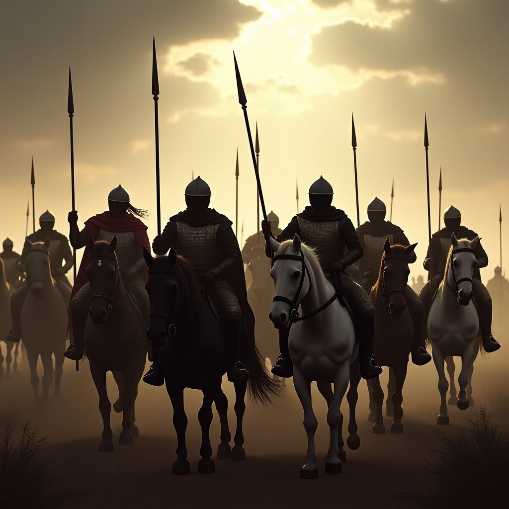 Dramatic scene with armored horsemen. Horsemen carry spears wearing helmets and capes. Background shows cloudy sky lit by sunlight.