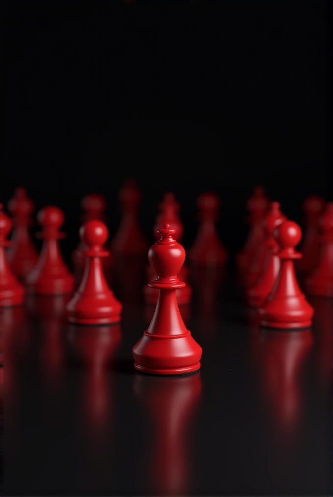 A collection of red chess pawns arranged on a reflective black surface, with a strong central focus and blurred background.