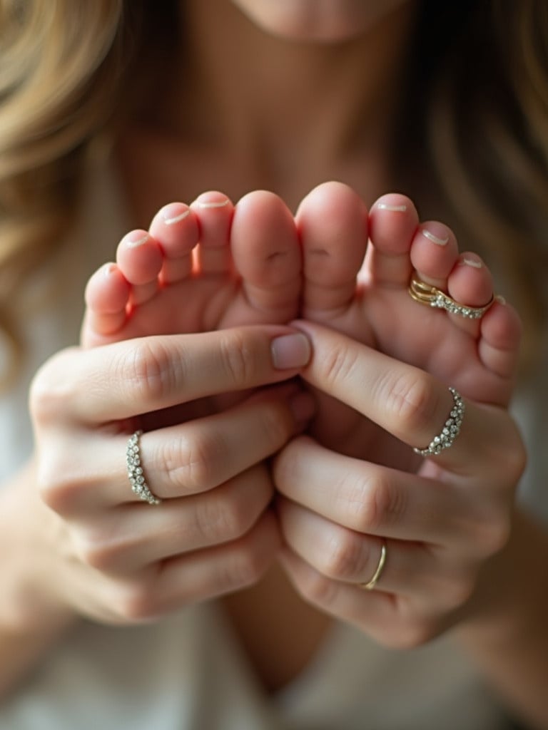 Image shows a close-up of hands holding toes. Focus on toe rings worn on the toes. Soft lighting enhances the subject. Hands display elegance.